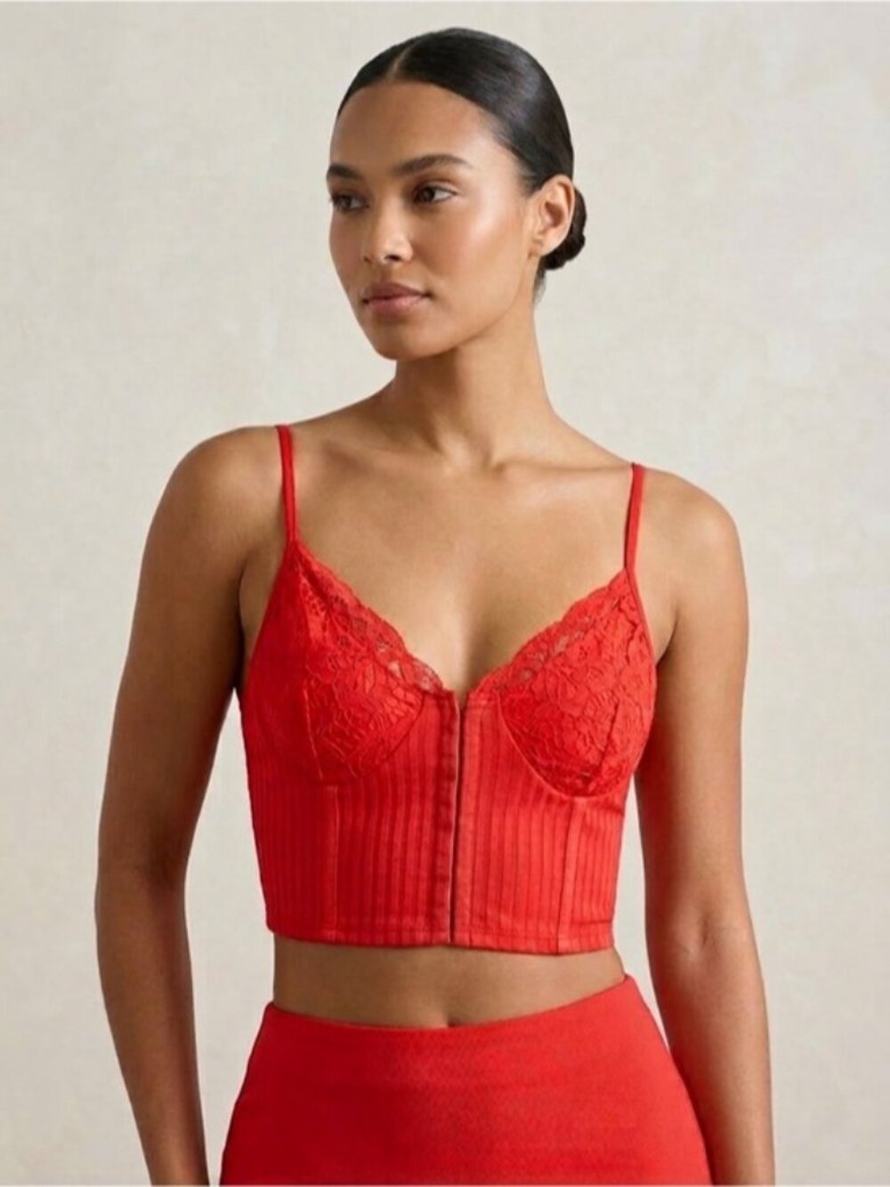 Wild Cat Red Lace Bustier Crop Top – Size L – Hook Front Corset Style